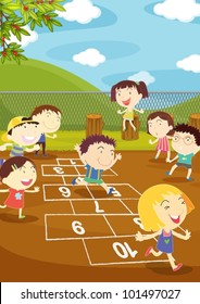 Illustration of kids playing hopscotch in a playground