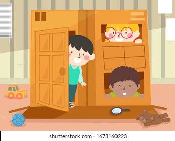 Illustration of Kids Playing House Made of Cardboard Box with Door and Windows