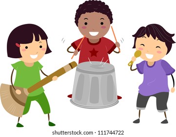 Illustration of Kids Playing with an Imaginary Drum, Guitar, and Microphone