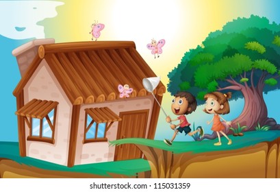 illustration of a kids playing infront of house