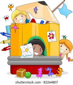 Illustration of Kids Playing Inside a Giant Pencil