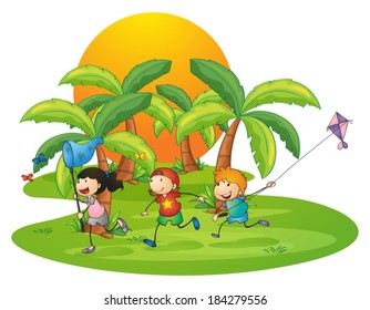 Illustration of the kids playing in the island near the palm trees on a white background