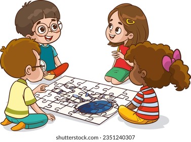 Illustration of Kids Playing with Jigsaw Puzzle on a White Background