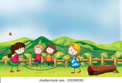 Illustration of the kids playing jumping rope at the bridge
