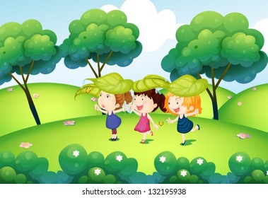 Illustration of the kids playing with the leaves at the hills