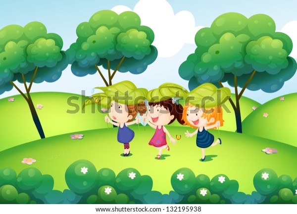 Illustration Kids Playing Leaves Hills Stock Vector (Royalty Free ...