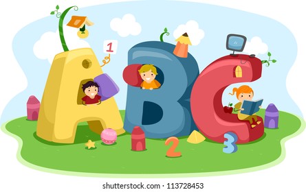 Illustration of Kids Playing with Letter-Shaped Playhouses