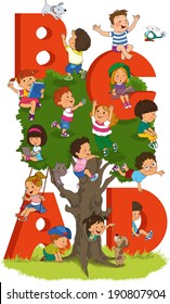 Illustration of Kids Playing with Letter-Shaped Playhouses and tree.