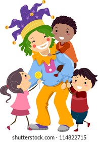 Illustration Kids Playing and Man Dressed as Clown