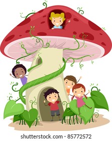 Illustration of Kids Playing in a Mushroom Shaped House