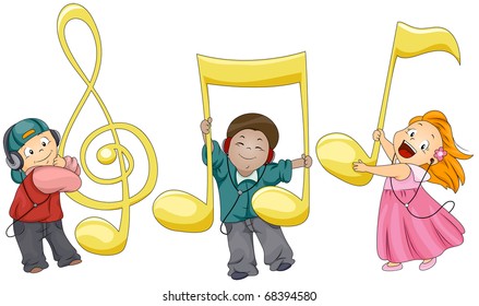 Illustration of Kids Playing with Musical Notes