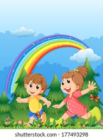 Illustration of the kids playing near the garden with a rainbow in the sky