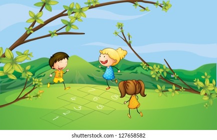 Illustration of kids playing near the mountain