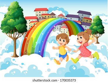 Illustration of the kids playing near the rainbow