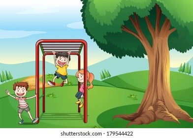 Illustration of the kids playing near the tree