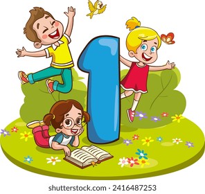 Illustration of Kids Playing with Number One in the Park on a White Background