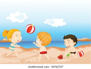 Illustration of kids playing on beach on white background