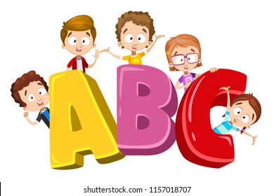 Illustration of Kids Playing On Big "ABC" Letters. Illustrated on white background