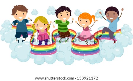 Illustration of Kids playing on the Clouds with a Rainbow Strip