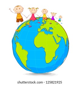 illustration of kids playing on globe holding hand