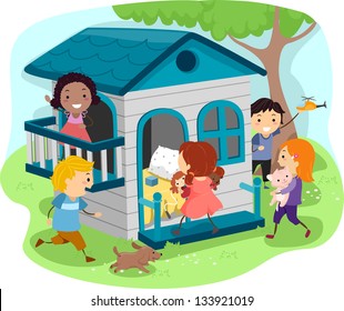 Illustration Of Kids Playing On An Outdoor Playhouse