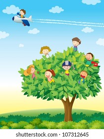 illustration of kids playing on a tree