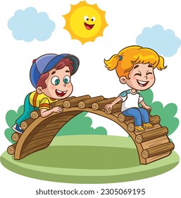 Illustration of Kids Playing on a Wooden Bridge on a Sunny Day