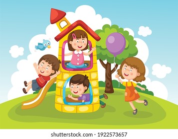Illustration Of  Kids Playing Outside Vector