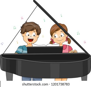 Illustration of Kids Playing a Piano Piece Together and Singing a Song