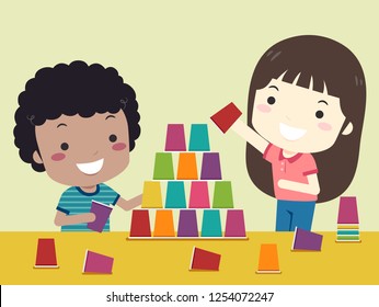 Illustration of Kids Playing with Plastic Cups By Stacking Them Up