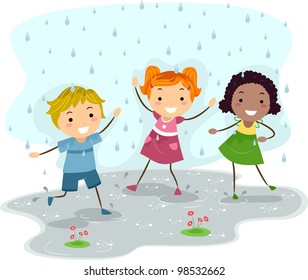 Illustration of Kids Playing in the Rain