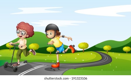 Illustration of the kids playing at the road