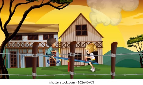 Illustration of the kids playing seesaw in front of the wooden barnhouses