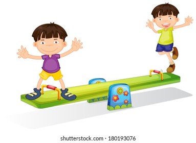 Illustration of the kids playing with the seesaw on a white background