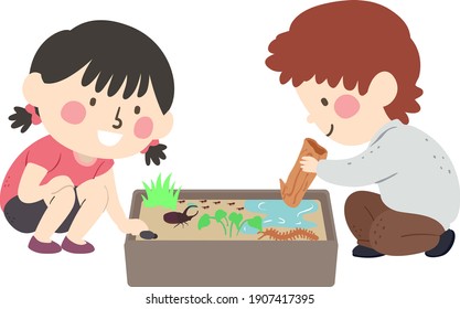 Illustration Of Kids Playing With A Sensory Bin With Insects