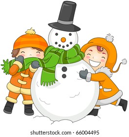 Illustration of Kids Playing with a Snowman