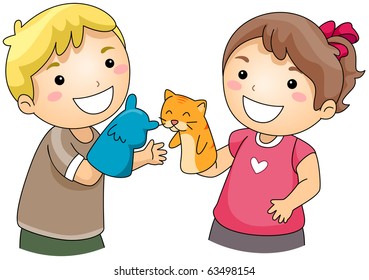 Illustration of Kids Playing with Sock Puppets