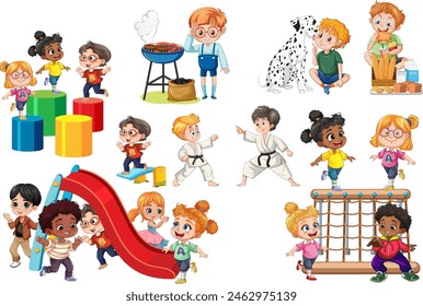 Illustration of kids playing, studying, and interacting