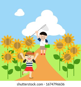 Illustration of kids playing in sunflower field.