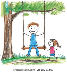 illustration of kids playing swing, crayon drawing, cover book