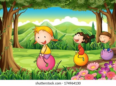 Illustration of the kids playing with their bouncing balloons at the forest