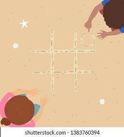 Illustration Of Kids Playing Tic Tac Toe In The Beach Sand