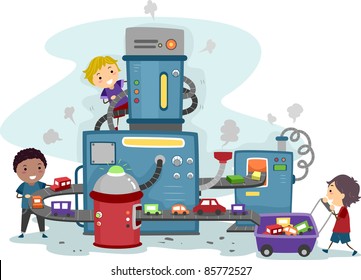 Illustration Of Kids Playing In A Toy Car Factory