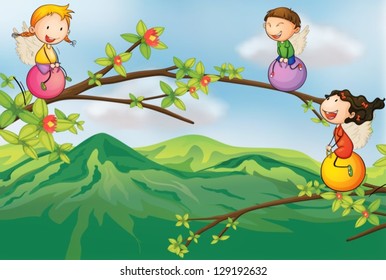 Illustration of kids playing at the tree