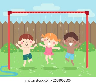 Illustration of Kids Playing Under the Do It Yourself Pipe Sprinklers in their Backyard