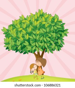 illustration of kids playing under tree in a nature