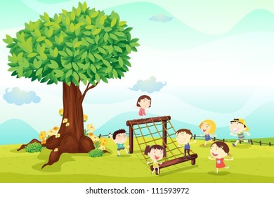 illustration of a kids playing under a tree