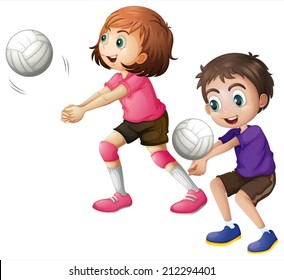 Illustration of the kids playing volleyball on a white background