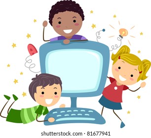 Illustration Of Kids Posing With A Computer