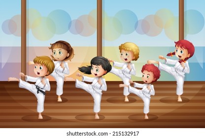 Illustration of the kids practicing karate